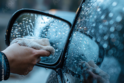 close up of a hand wiping a wet car rearview mirror with a rag photo