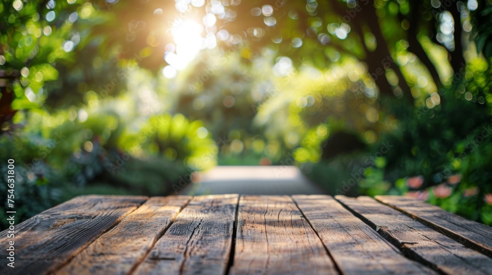 Wooden table top with copy space. Garden background Wooden table top with copy space. Garden background