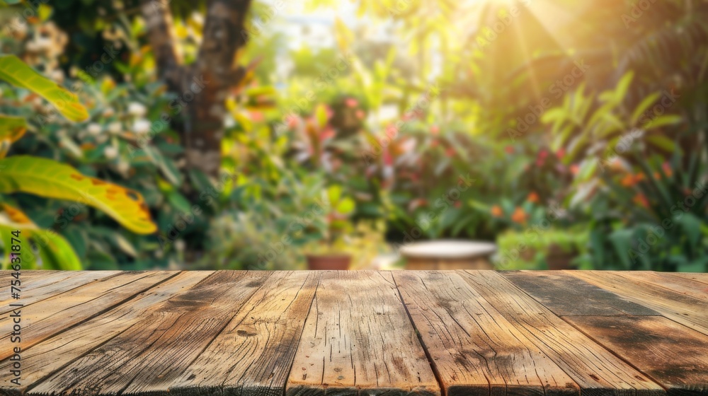 Wooden table top with copy space. Garden background Wooden table top with copy space. Garden background
