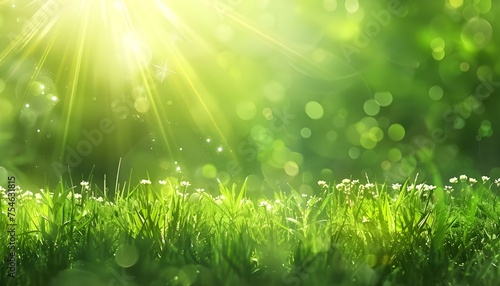 Bright fresh Spring banner with rays of light from a sunburst shining on a lush grassy green meadow