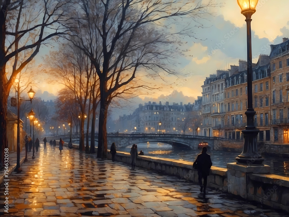 Paris wet riverside walkway at twilight painting - obrazy, fototapety, plakaty 