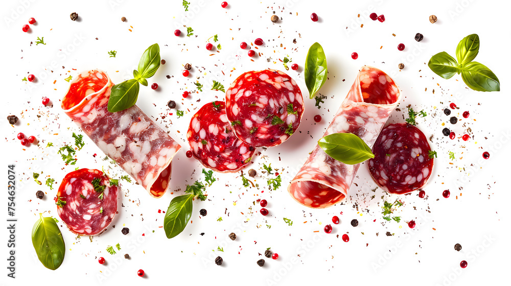 Slices of delicious salami and aromatic spices floating in mid-air, isolated against a white background. Slices of delicious salami and aromatic spices floating in mid-air, isolated against a white background.