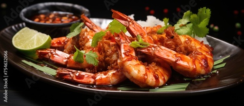 A black plate filled with succulent shrimp and fluffy rice, garnished with chili sauce and lime slices. This dish is served in a restaurant setting, showcasing a delicious and vibrant seafood meal.