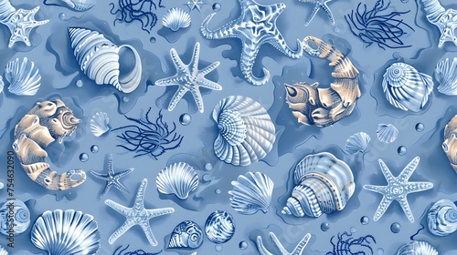 Seamless pattern background inspired by the textures and patterns of the ocean with intricate illustrations of seashells, waves, and sea creatures, set against a serene blue backgroundSeamless pattern photo