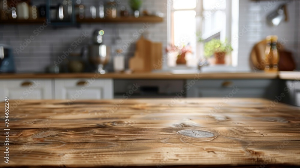 Wooden table top with copy space. Cozy kitchen background