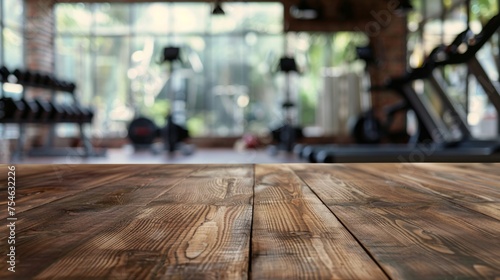 Wooden table top with copy space. Gym background