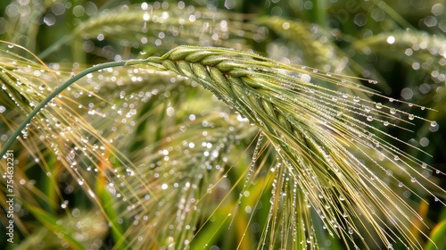 Close-up photo of a green ears of wheat with a drops of a morning dew on an agricultural field. Close-up of morning dew on lush green wheat.
