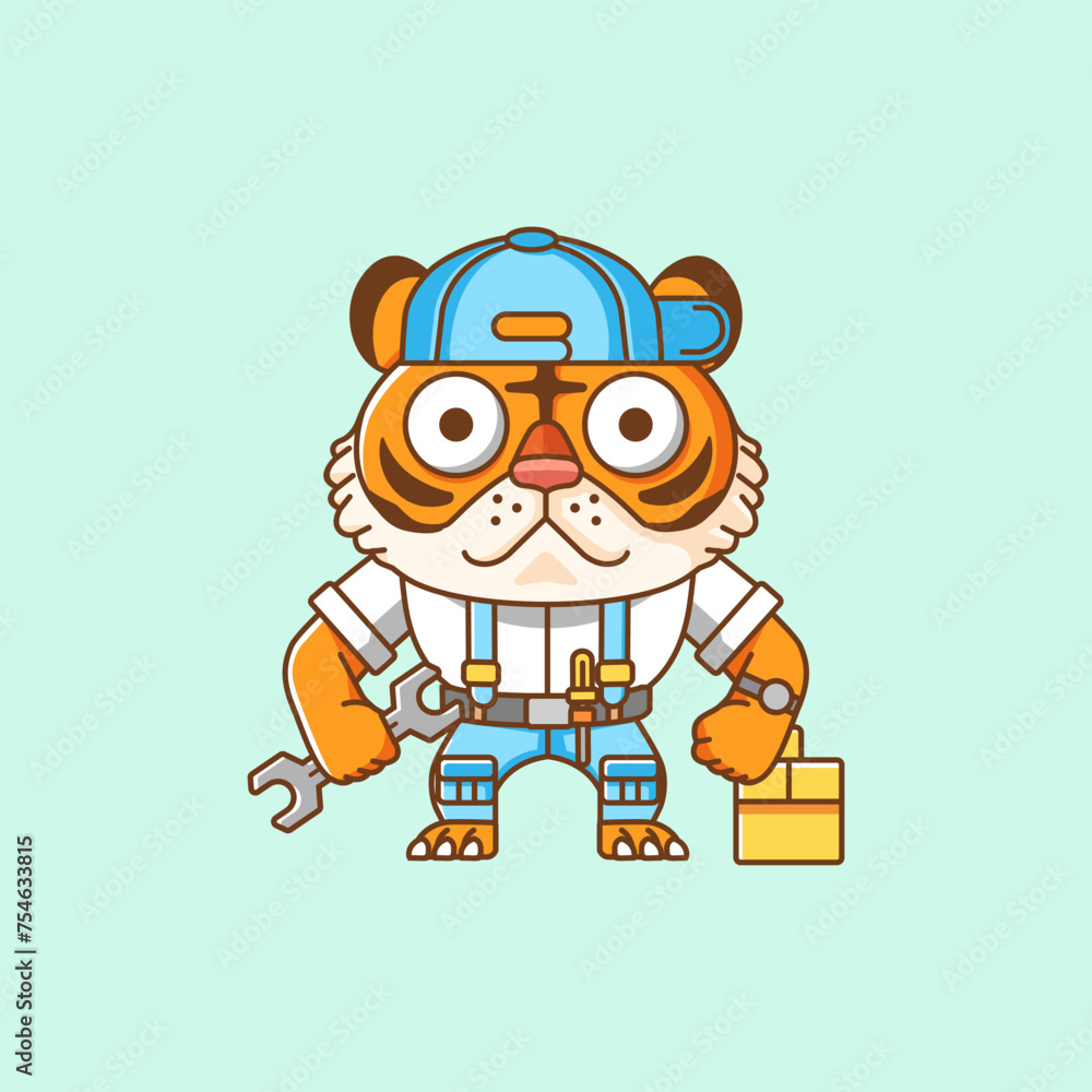 Cute tiger mechanic with tool at workshop cartoon animal character mascot icon flat style illustration concept