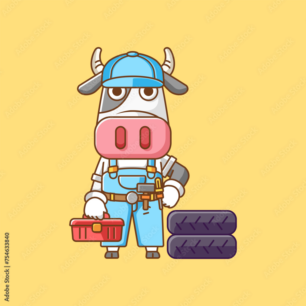 Cute cow mechanic with tool at workshop cartoon animal character mascot icon flat style illustration concept