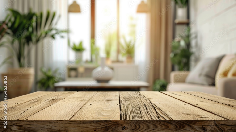 Wooden table top with copy space. Living room background Wooden table top with copy space. Living room background