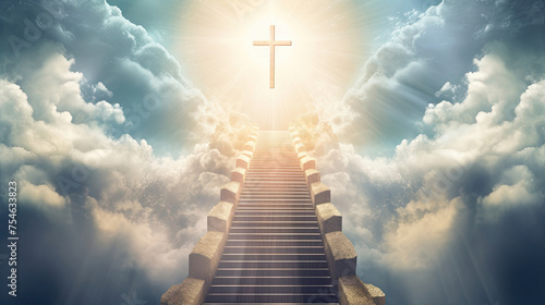 Cross in the Sky. Sunlight Ray Glowing, Stairway to Heaven. Entrance to Heaven with Skies and Clouds Easter Sunday Banner