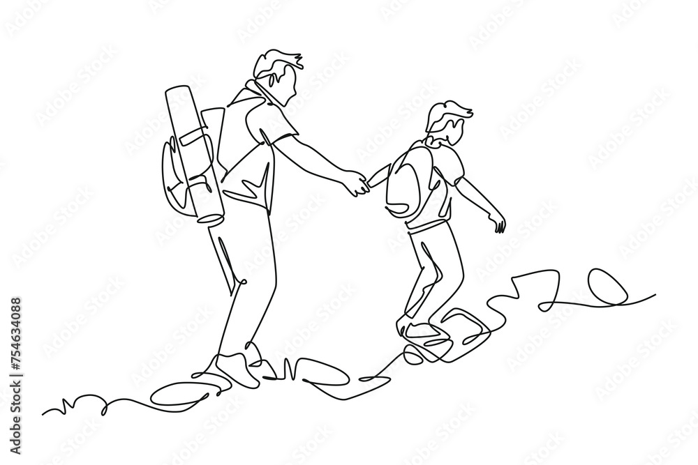 temp - newContinuous one line drawing group of father and son helping each other hike up a mountain. Business, success, leadership, achievement and goal concept. Single line draw design 6000 x 4000 px - obrazy, fototapety, plakaty 