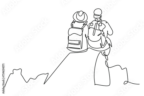 temContinuous one line drawing of couple hiker enjoying the view from the top of the mountain. Business, success, leadership, achievement and goal concept. Single line drap - new design 6000 x 4000 px