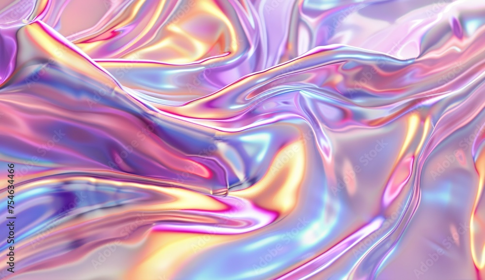 Obraz premium 3D render of a holographic iridescent abstract background with wavy fluid lines, titanium pastel colors, in the style of a hologram generative ai