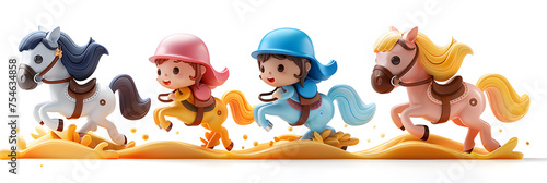 Two cheerful girls enjoying horseback riding in a whimsical 3D cartoon.