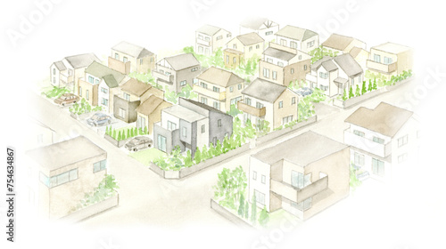 上から見る住宅街の水彩画
