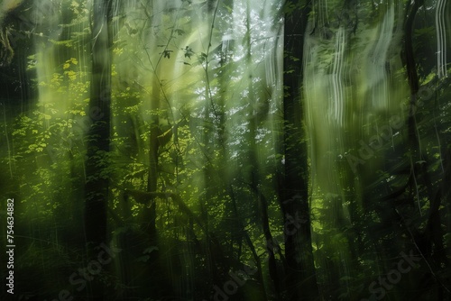 Blurred image of a forest, evoking a mystical atmosphere with streaks of light piercing through trees.