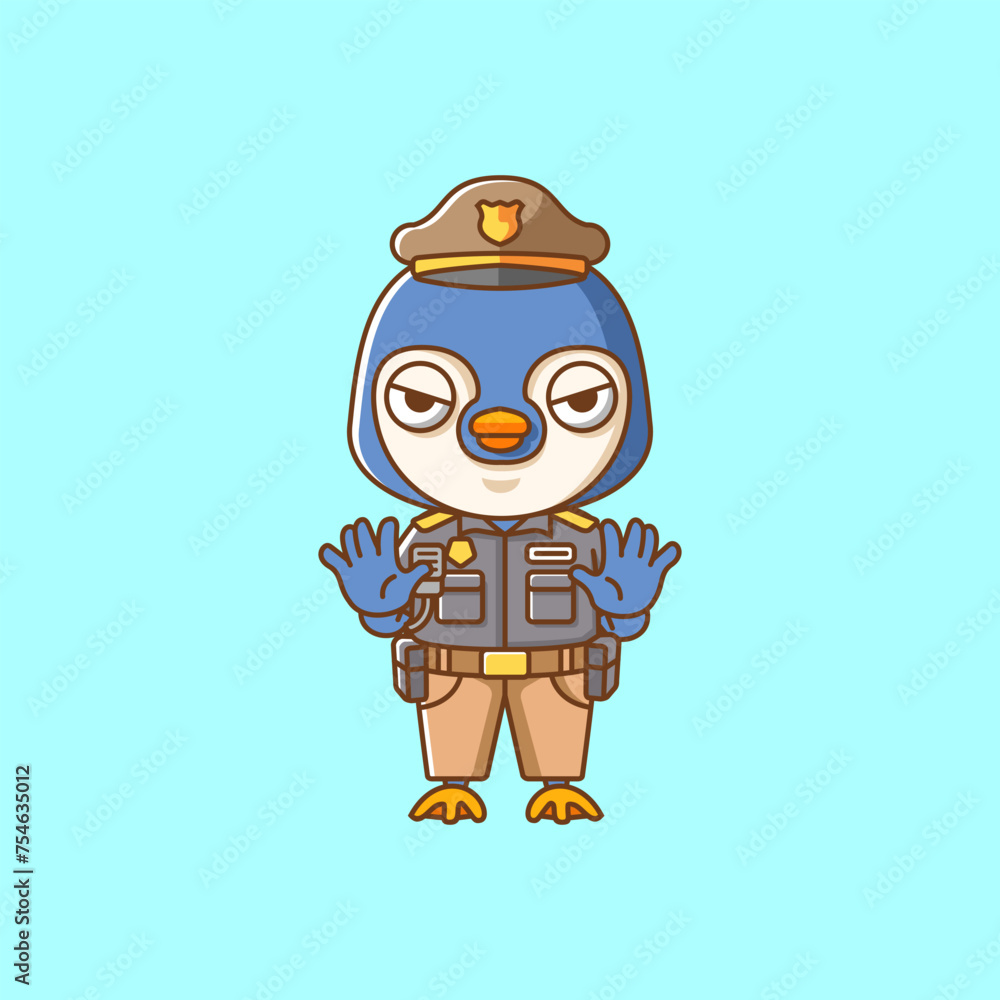 Cute penguin police officer uniform cartoon animal character mascot icon flat style illustration concept