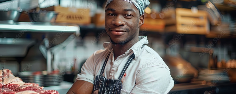 Young African American man in butcher clothes with fresh meat Young African American man in butcher clothes with fresh meat