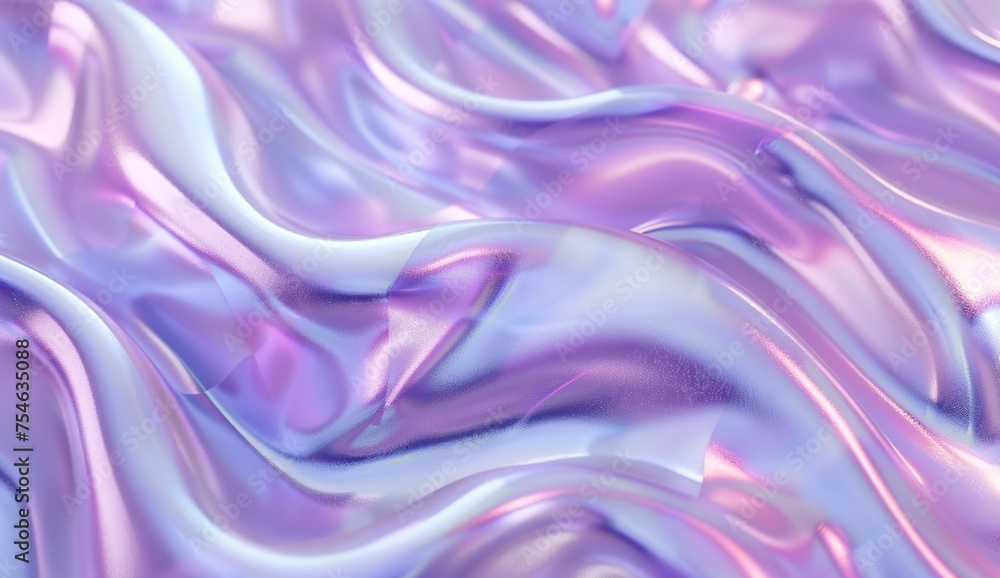 Obraz premium 3D render of a holographic iridescent abstract background with wavy fluid lines, purple pastel colors, in the style of a hologram generative ai