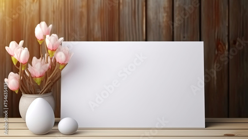 Easter Greeting Card. Vase of Tulip Flowers and Eggs on Wooden Table and luxury background. White Blank Page Mockup with Copy Space for Banner or Poster.