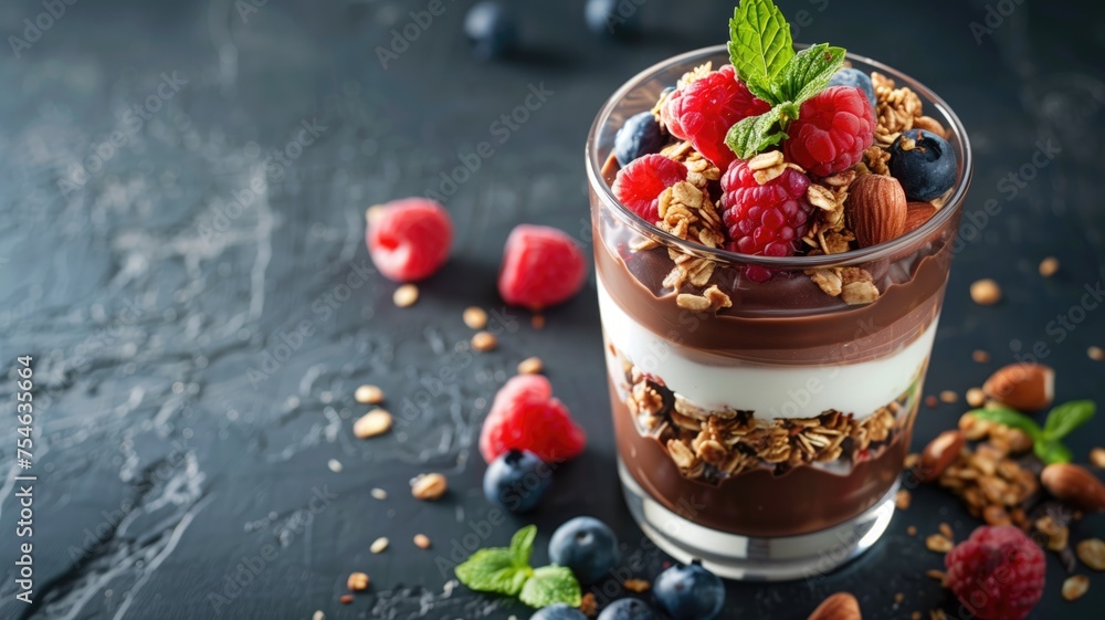 Delicious parfait layered with yogurt, fresh berries, nuts, and granola on a dark background Delicious parfait layered with yogurt, fresh berries, nuts, and granola on a dark background