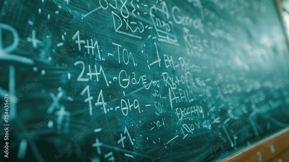 Complex math equations written on a dusty chalkboard