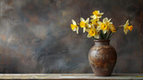 Daffodils in a rustic vase, generative ai