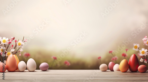 Easter Eggs on Wooden Table. Beautiful Spring Flowers, Nature's Bliss. Blurred Spring Meadow Background with Copy Space for Banner or Poster