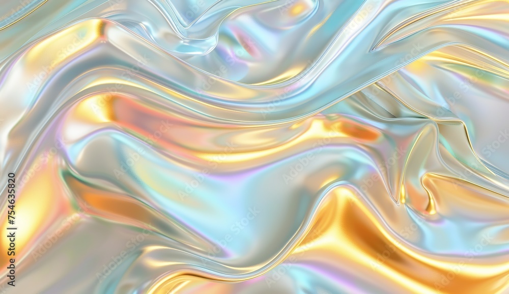Obraz premium 3D render of a holographic iridescent abstract background with wavy fluid lines,gold pastel colors, in the style of a hologram generative ai