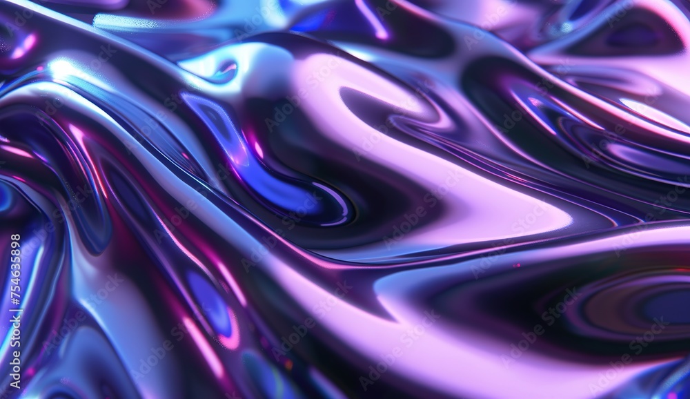 Obraz premium 3D render of a holographic iridescent abstract background with wavy fluid lines, black purple pastel colors, in the style of a hologram generative ai