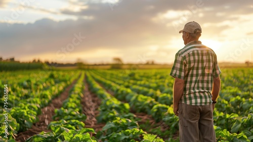 Farmer observing crop field at sunset, reflective on agriculture's bounty
