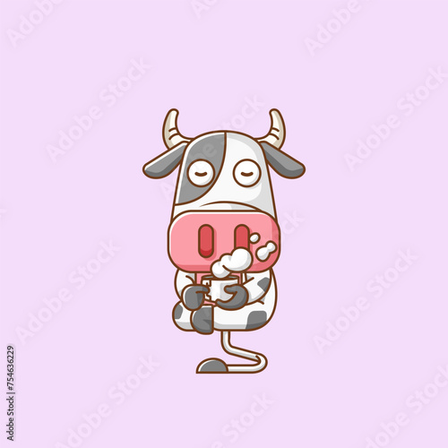 Cute cow relax with a cup of coffee cartoon animal character mascot icon flat style illustration concept
