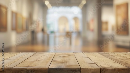 Wooden table top with copy space. Museum background