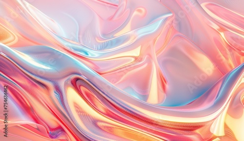 Abstract iridescent holographic background with wavy gradient for design, banner or cover. Hologram effect on soft pink pastel colors in the style of shiny and glowing 3D render generative ai