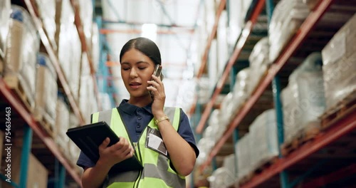 Woman, phone call and tablet in warehouse for logistics, distribution and contact with supplier for inventory management. Talk, communication and inspection with digital checklist and quality control photo