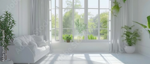White living room with sofa and summer landscape in window. Scandinavian interior design. 3D illustration © Nayyab
