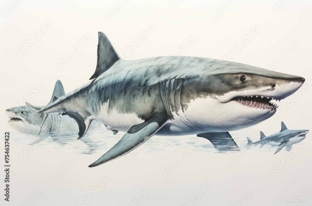 Naklejka premium Great white shark on a hunting trip looking out for food 