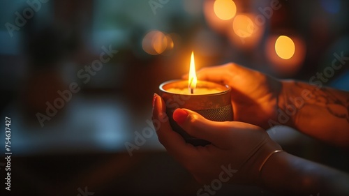 A woman holds a lit candle gently, casting a warm glow in an intimate, cozy setting