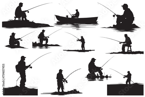 Fisherman in boat silhouette  Vector illustration