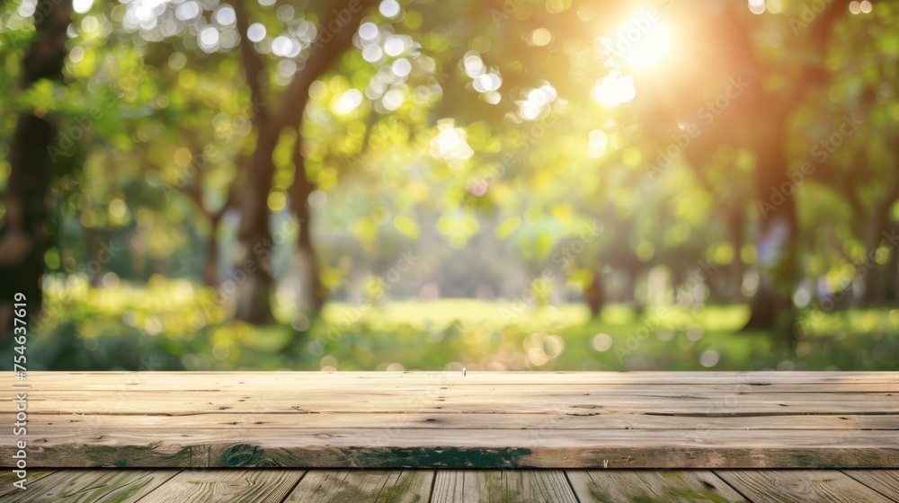 Wooden table top with copy space. Park background Wooden table top with copy space. Park background