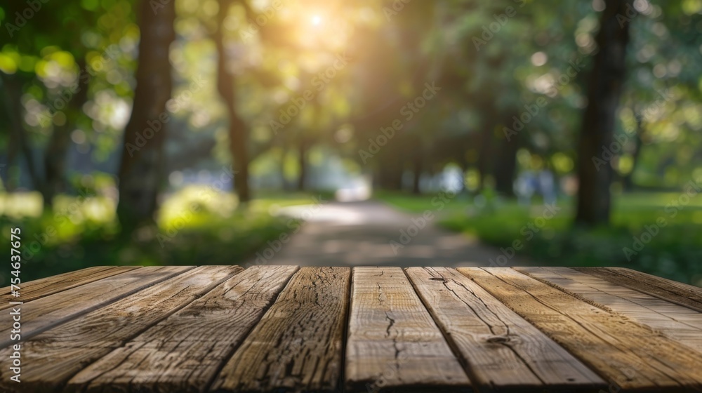 Wooden table top with copy space. Park background Wooden table top with copy space. Park background