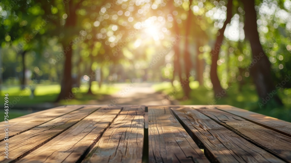 Wooden table top with copy space. Park background Wooden table top with copy space. Park background