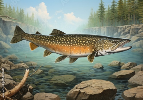 Brown trout fish on the water, trees rocks clouds and sky. 