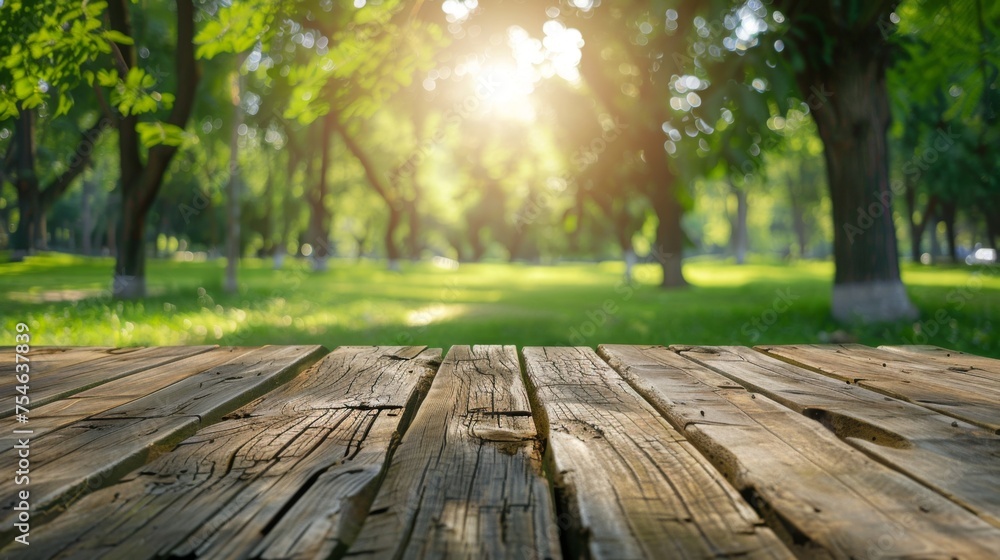 Wooden table top with copy space. Park background Wooden table top with copy space. Park background
