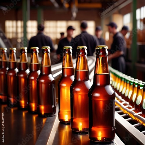 Assembly line bottling plant with glass beer bottles  alcoholic beverage manufacturing production