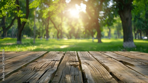 Wooden table top with copy space. Park background