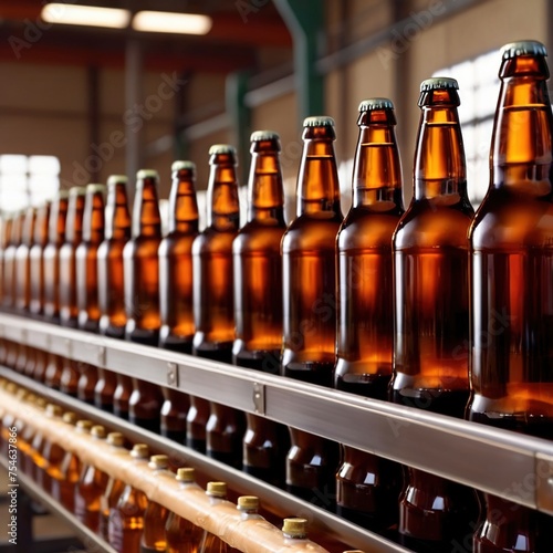 Assembly line bottling plant with glass beer bottles  alcoholic beverage manufacturing production