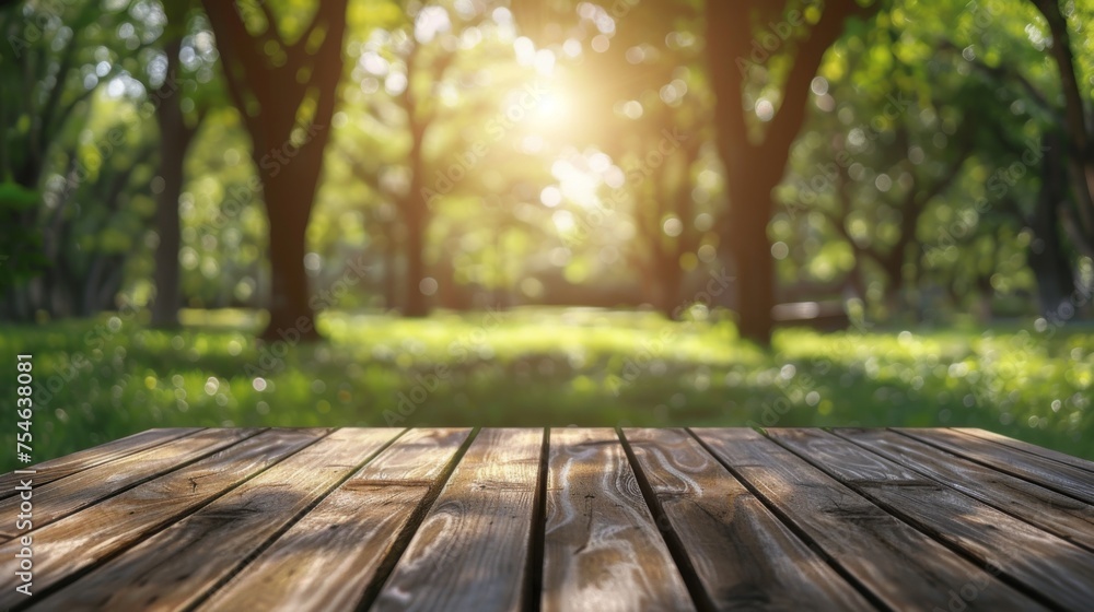 Wooden table top with copy space. Park background Wooden table top with copy space. Park background