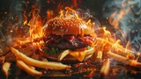 Fiery food scene cheeseburger and fries glowing amidst culinary flames